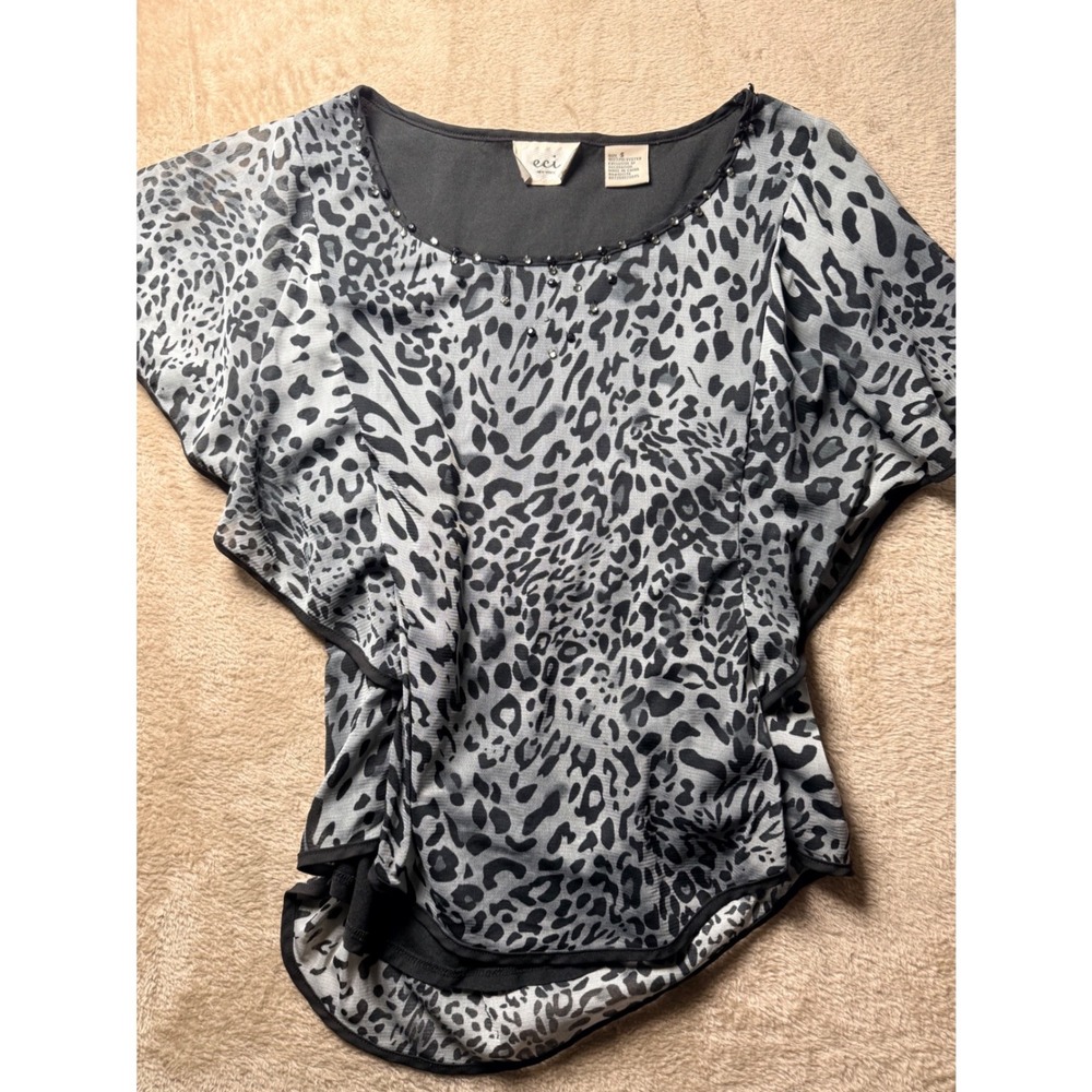 Y2K ECI New York Leopard Print Rhinestone Flutter Sleeve Small Top Mob wife